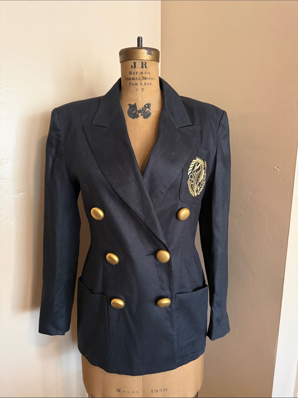 Vintage Lillie Rubin Extra 100% Linen Equestrian Blazer Gold Crest Buttons Size